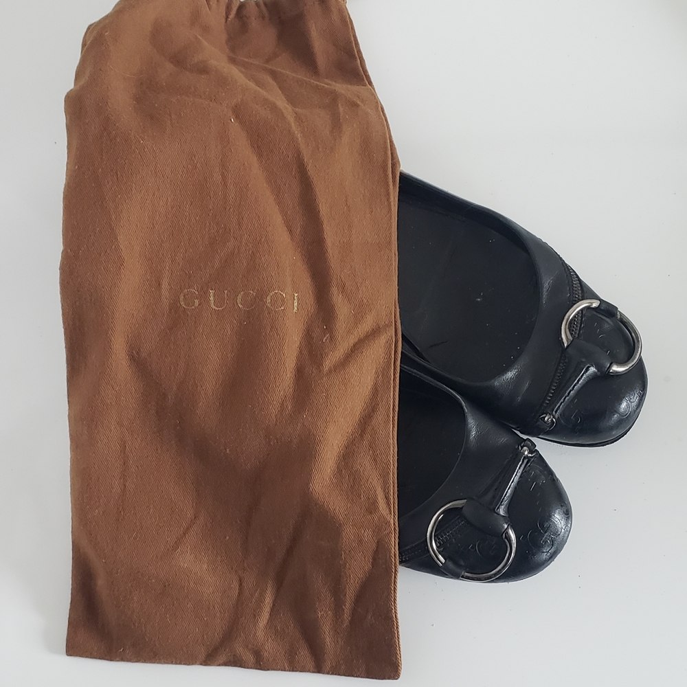 Gucci Black Leather Monogram Logo Gg Flats with Horsebit & Zipper w/ Dustbags